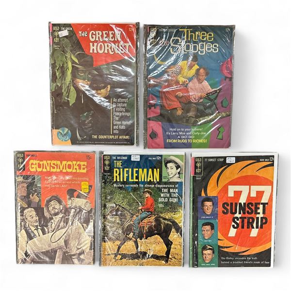 5 Vintage Assorted Gold Key Comics, The Green Hornet, The 3 Stooges, The Rifle Man, Gun Smoke, Etc..