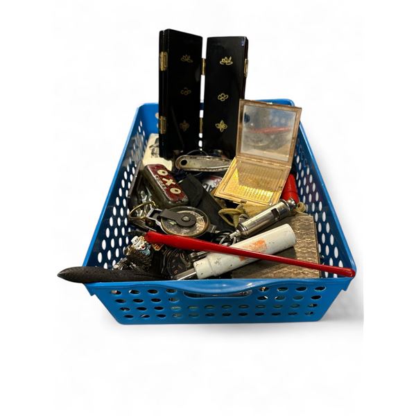 Large Assortment Of Vintage Collectibles, Miniature Asian Screen, Pair Of Whistles, Oxo Cubes Tin, W