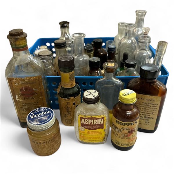 Large Assortment Of Vintage Glass Bottles, Type Cleaner, Powder Solvent, Vaseline, Pharmacy Bottles,