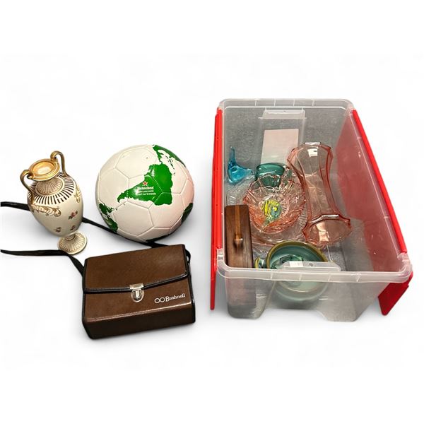 Tote Full Of Vintage Collectibles, Binoculars Case, Case, Heineken Soccer Ball, Glass Paper Weights,