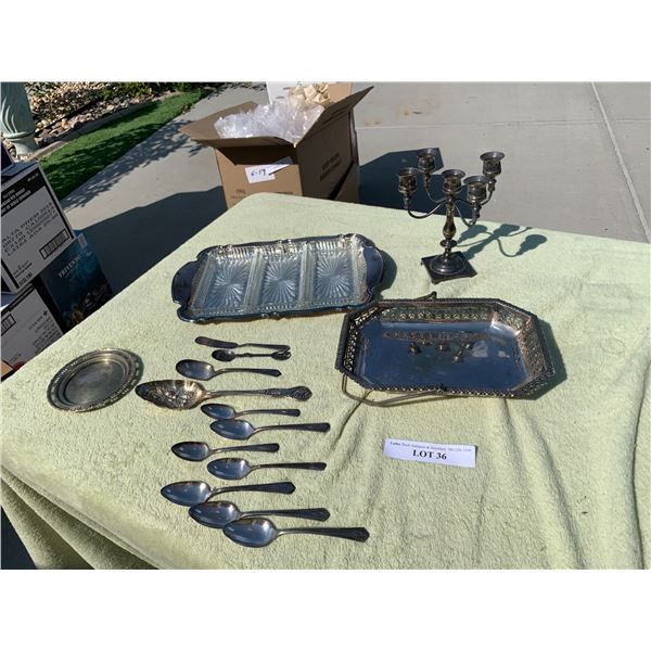 Silver Plate Candelabra, Spoons & Serving Dishes