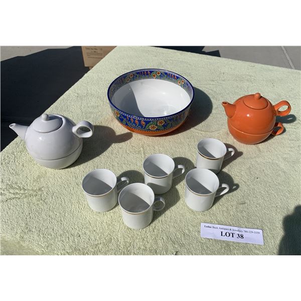 Orange & Blue Bowl from Czech, Pair of Single Serve Teacup Sets, 5 Demitasse Gold Trimmed Teacups