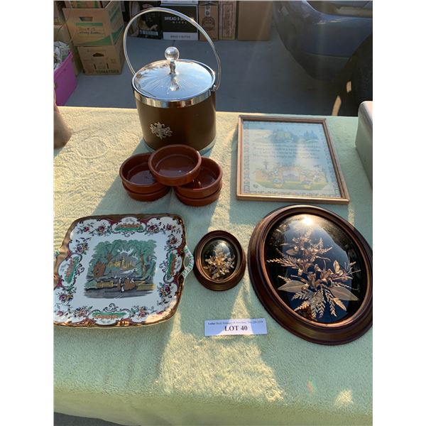 Hawaiian Floral Wall Décor, Ice Bucket, Leeds of England Plate, Margarita Salt Bowls & Castles Pictu