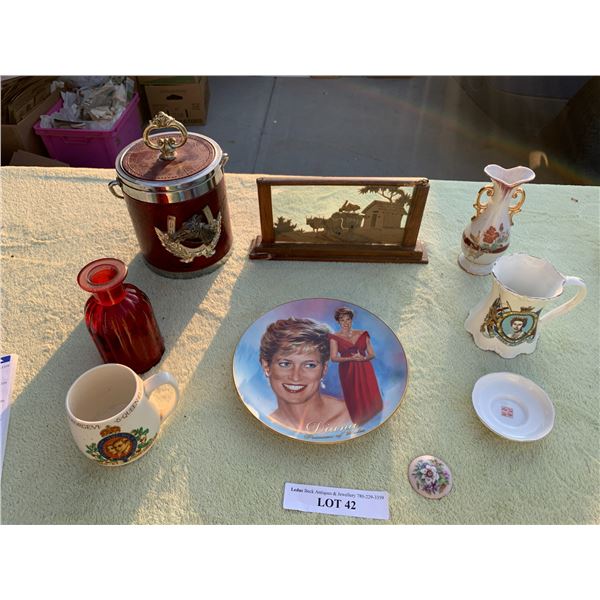 Princess Diana A Woman of Style Plate, Queen Elizabeth Mugs, Red Vase, Bud Vase Limoges Floral Disc