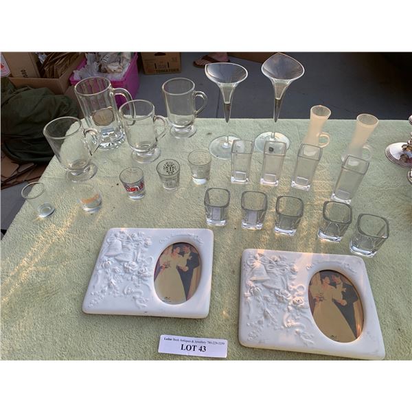 Calla Lily Candle Holders, Shot Glasses, Glass Mugs & Pair Wedding Picture Frames