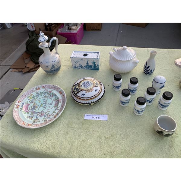 Soup Tureen, Spice Jars, Floral Porcelain Trinket Box, Ship Oil Pitcher, Mottahedeh Rectangular Vase