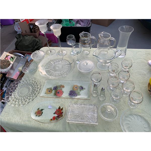 Antique Hoppe Hand Painted Serving Dishes, Tealight Candle Holders, Glass Serving Platter,Vase, Wine