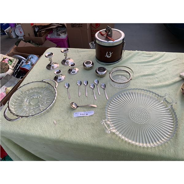 Serving Platter, Bowl,  Silver Plate Candle Holders, Horse Ice Bucket & Egg Spoons