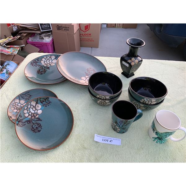 Fenton Tiger Lily Hand Painted Vase, Kate Spade Mug, Teal Floral Kitchen Dishes