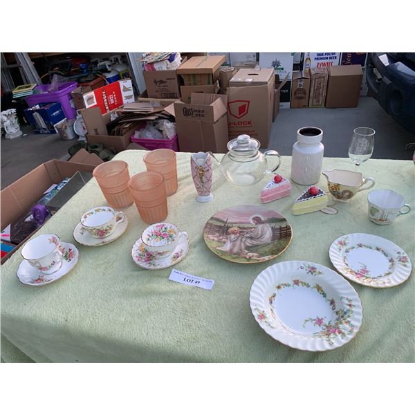 Variety of Teacups & Dishes, Glass Teapot, Vintage Pink Glasses, Lord's My Sheppard Plate, Vintage V