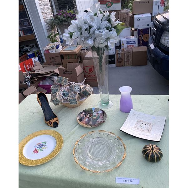 Glass Vase w Silver Flowers, Cheetah Print Wine Shoe, Purple Vase, Mother of Pearl  Plate, Floral/Mo