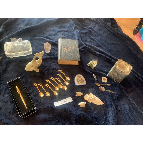 Bugs Bunny Pen, Whale Box, Cat Figurine, Butterfly Box, Coffee Tin, Eugenics Book, Asst Spoons, Carv