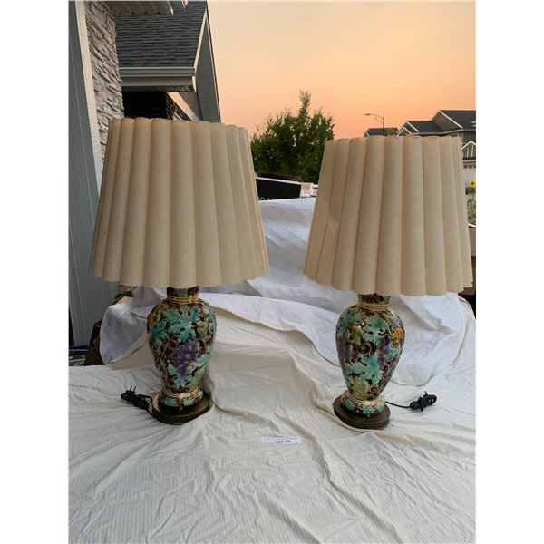 Pair of Vintage Aqua, Green & Navy w Gold Trim Leaf Lamps