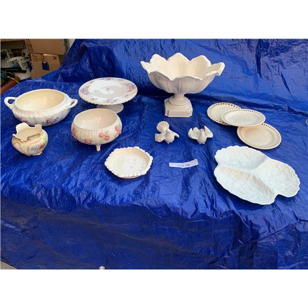 Pair of White Doves, Lg Stem Bowl, Assorted Serving Dishes & Floral Bowls