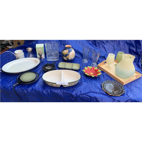 Warming Tray, Pitcher/Glasses/Tray, Milkshake Glasses, Poinsettia Dish, Blue Floral Vase, Glass Vase