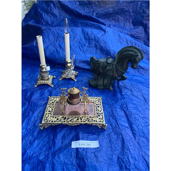 Brass Inkwell Holder, Ceramic Horse Figurine & Pair of Candle Holder