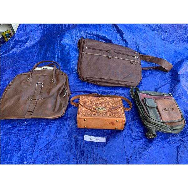 Leather Floral Purse, Burgundy/Green Purse, Brown Bowling Bag & Brown Laptop Carrying Case