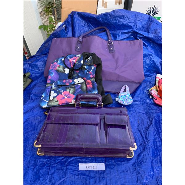 Purple Eel Skin Briefcase, Tote, Floral Nap Sack  & Cell Phone Pouch
