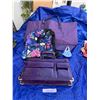 Image 1 : Purple Eel Skin Briefcase, Tote, Floral Nap Sack  & Cell Phone Pouch