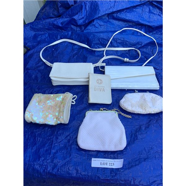 White Pearl Purse, Crossover Purse, Diva Passport Holder & 3 Beaded Evening Bags