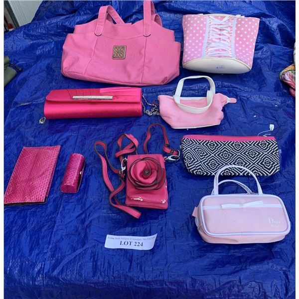 Pink Lipstick Case, Sun-glass Holder, Makeup Bag, Cell Phone Crossover & Asst Pink Purses