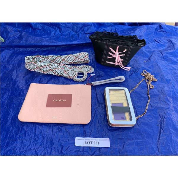 Oroton Leather Bag (New), Cell Phone Case Crossover (New), Black Bustier Purse & Pink/Green Belt