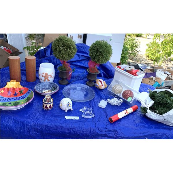 Pair of Light-up Topiary Tree, Pillar Candles, Christmas Bowls, Igloo, Snowglobe, Platter, Matches, 