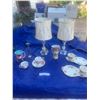 Image 1 : Pair of Vintage Glass Table Lamps, Noritake Vase, Silver Plate Bud Vase, Teacup Sandwich Plates, Kat