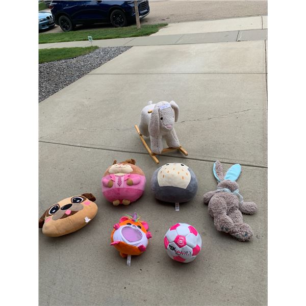 Lamb Rocker, Pink Soccer Ball & Asst Stuffed Animals