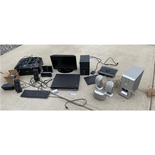 Canon Printer, Sony  & Logitech Speakers, Belkin Cooling Pad, RCA Monitor, Samsung AV Surround Recei