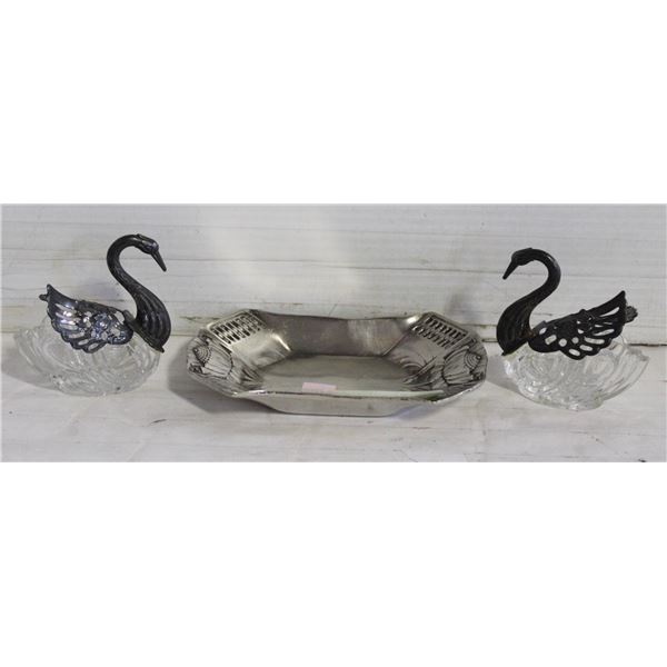 SET OF 2 SWAN GLASS SPOON HOLDERS ON PEWTER TRAY