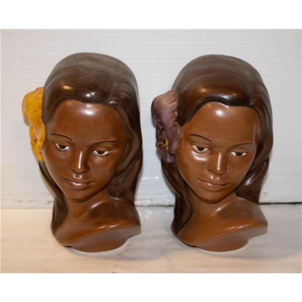 VINTAGE CERAMIC FEMALE BUST 9"- LOT OF 2