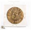 Image 1 : VINTAGE $5 DOLLARS CASINO GAMING TOKEN