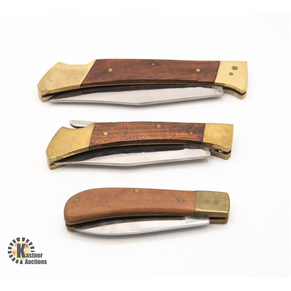 3 FOLDING KNIVES STAINLESS STEEL PAKISTAN WOOD/