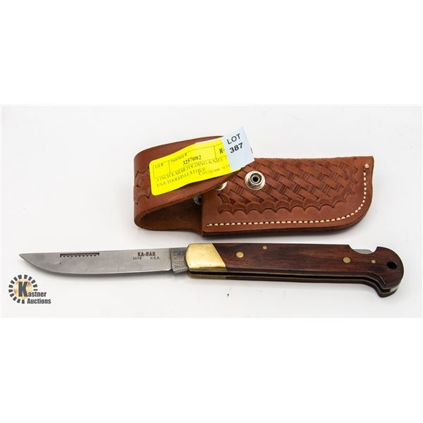 4 INCH KABAR FOLDING KNIFE 1179 USA TOOLED LEATHER