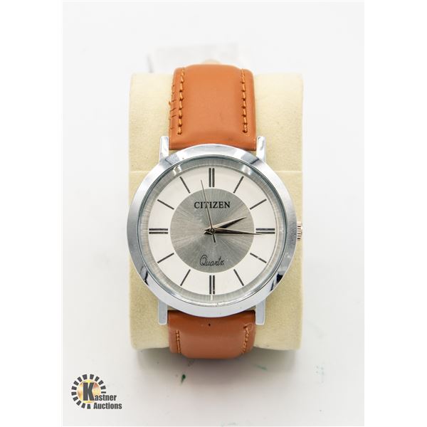 CITIZEN MEN'S QUARTZ WATCH W/ LEATHER BAND