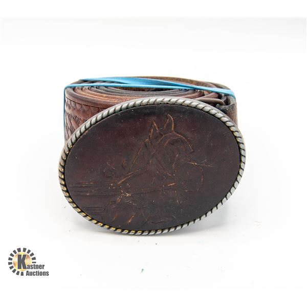 VINTAGE WESTERN LEATHER BELT & BUCKLE, SIZE 40