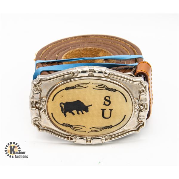 VINTAGE WESTERN LEATHER BELT & BUCKLE, SIZE 40