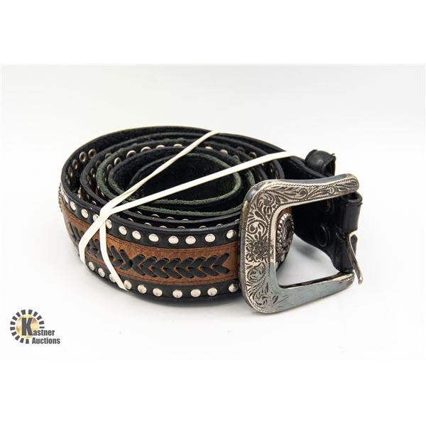 VINTAGE WESTERN LEATHER BELT & BUCKLE, SIZE 38