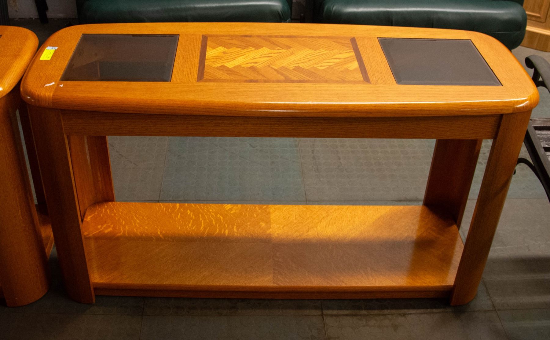 ORANGE SHELLAC SOLID WOOD GLASS TOP SIDE TABLE