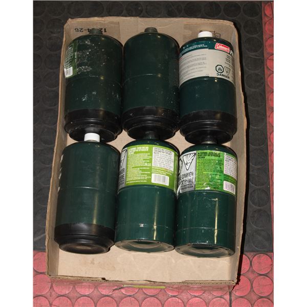 LOT OF 6 MINI FULL PROPANE BOTTLES