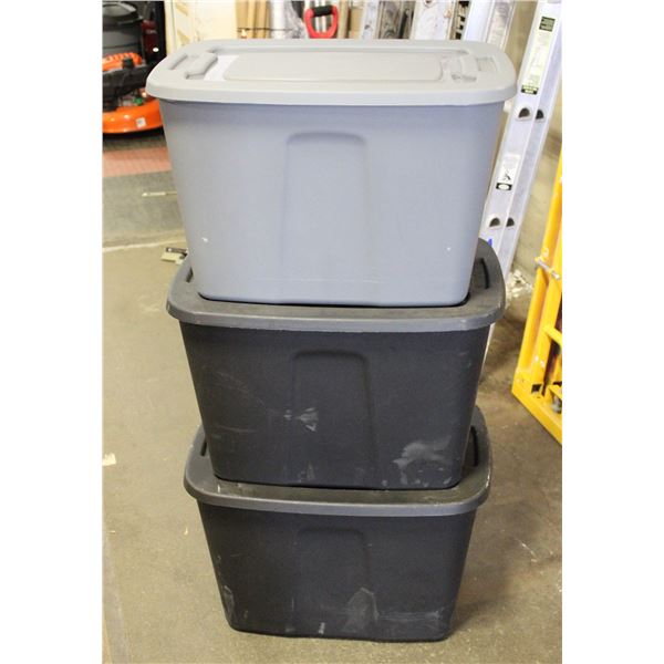 THREE 68L STORAGE TOTES WITH LIDS