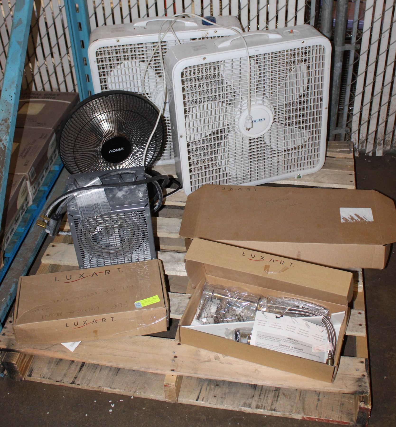 PALLET WITH 2 USED BOX FANS, USED NOMA