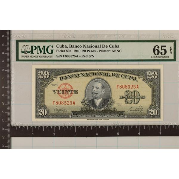 1949 CUBA 20 PESO BILL PMG GEM UNC 65 EPQ