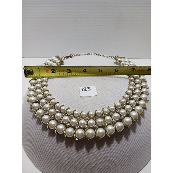 Vintage 16" Cream Pearl With Crystals Necklace, Gold-Tone