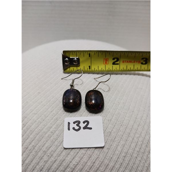 Fused Dichroic Glass Pendent Earings, Black Motley