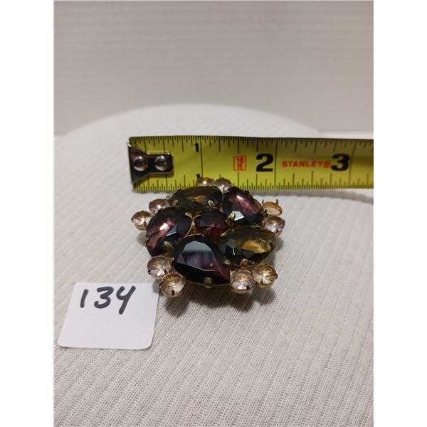Vintage Schreiner Tiger Eye & Amethyst Diamante Brooch Pin, Gold Tone