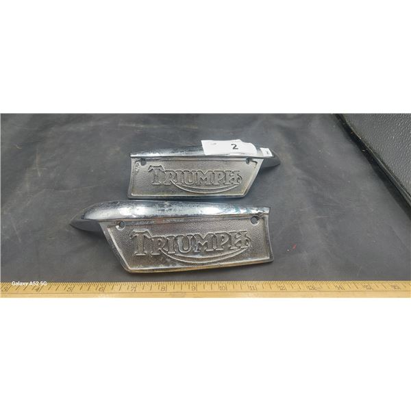 Pair of vintage Triumph motorcycle tank badge emblems