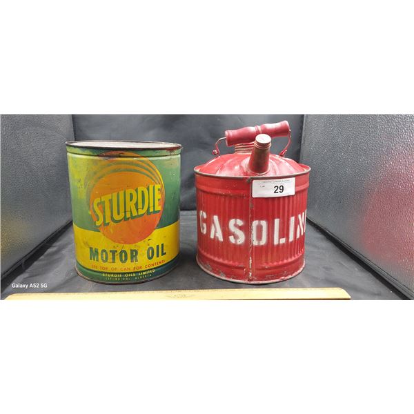 Pair of cans, vintage gasoline & Sturdee 1 gallon motor oil