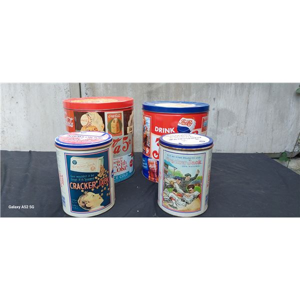 Collection 4 vintage tins, Pepsi, Coca-Cola, Cracker Jack
